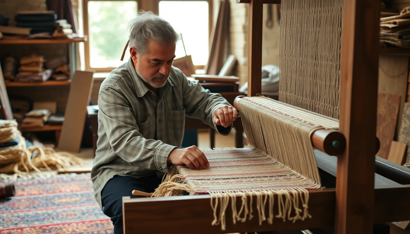 Artisan craftsman working on traditional carpet weaving loom